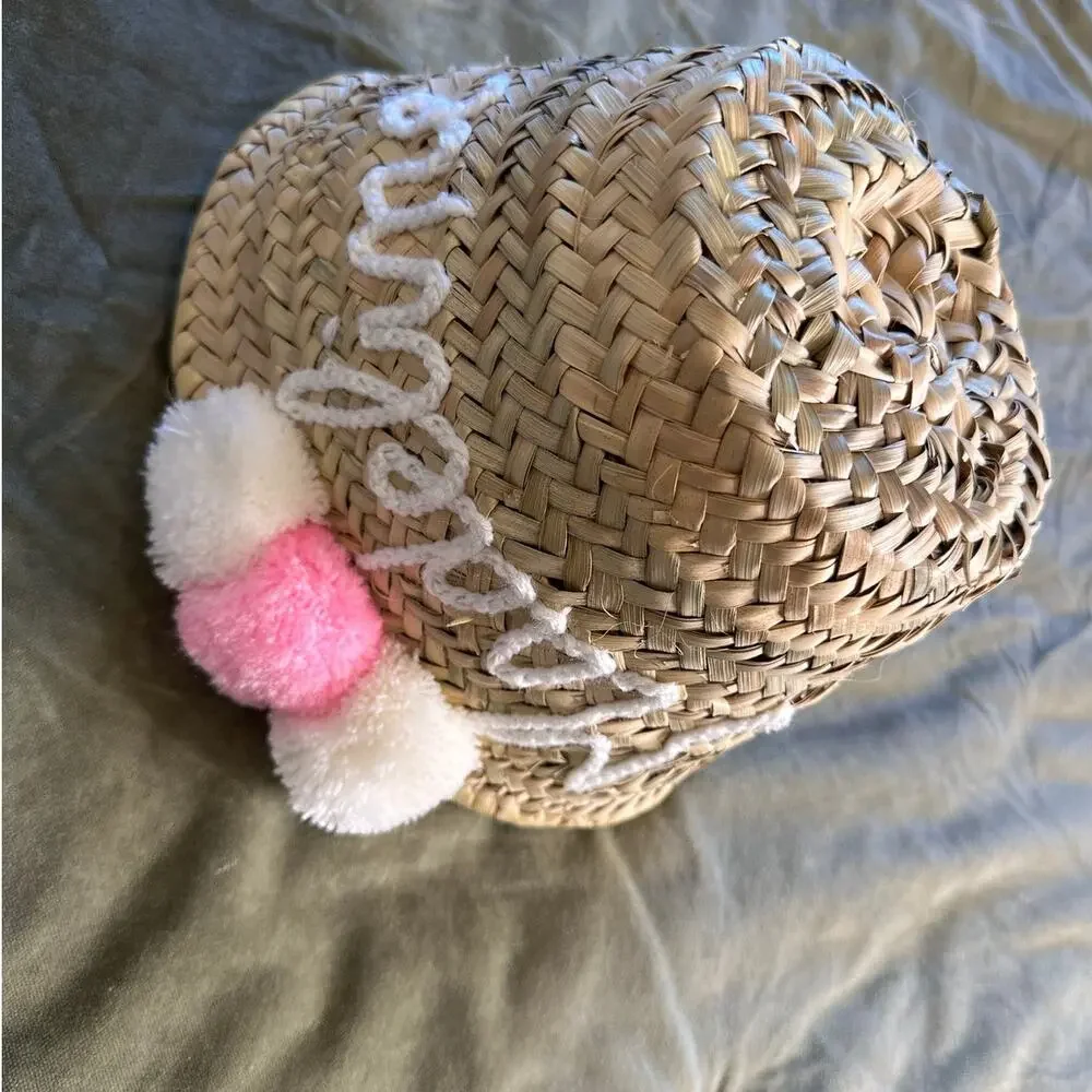MADELINE Monogrammed Rattan Pom Pom Woven Basket